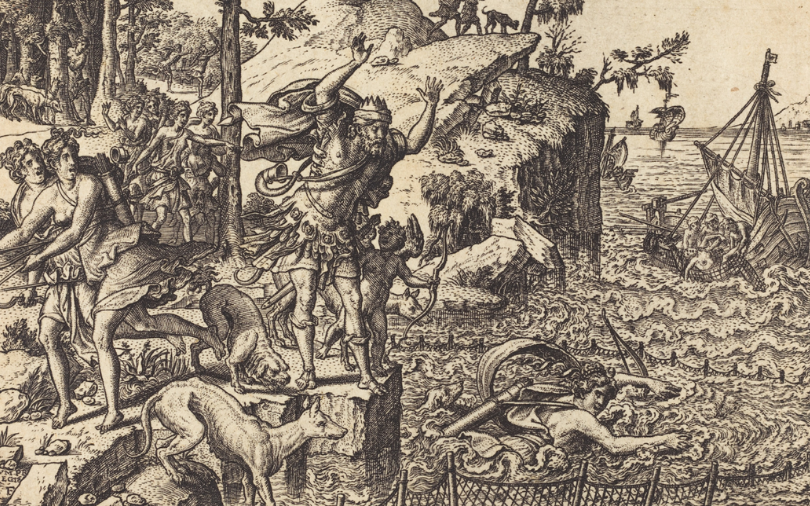 A mythical black and white illustration of people jumping into the sea