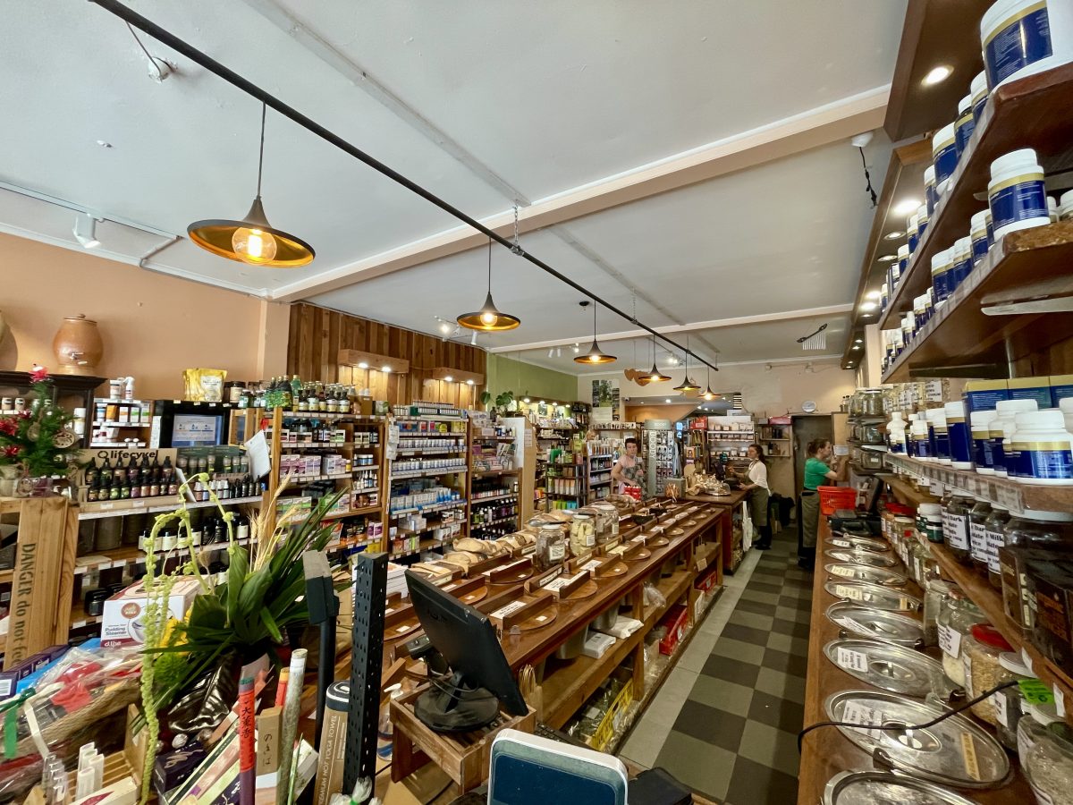 The interior of Mountain Creek Wholefoods, with lots of products on the shelves.