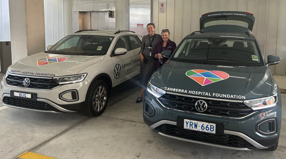 two people standing with cars in a parking garage