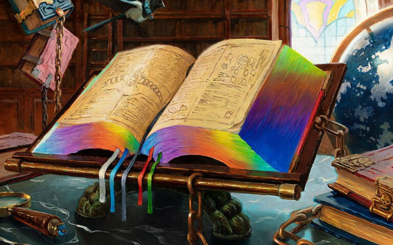 An illustrations of an open book with rainbow pages