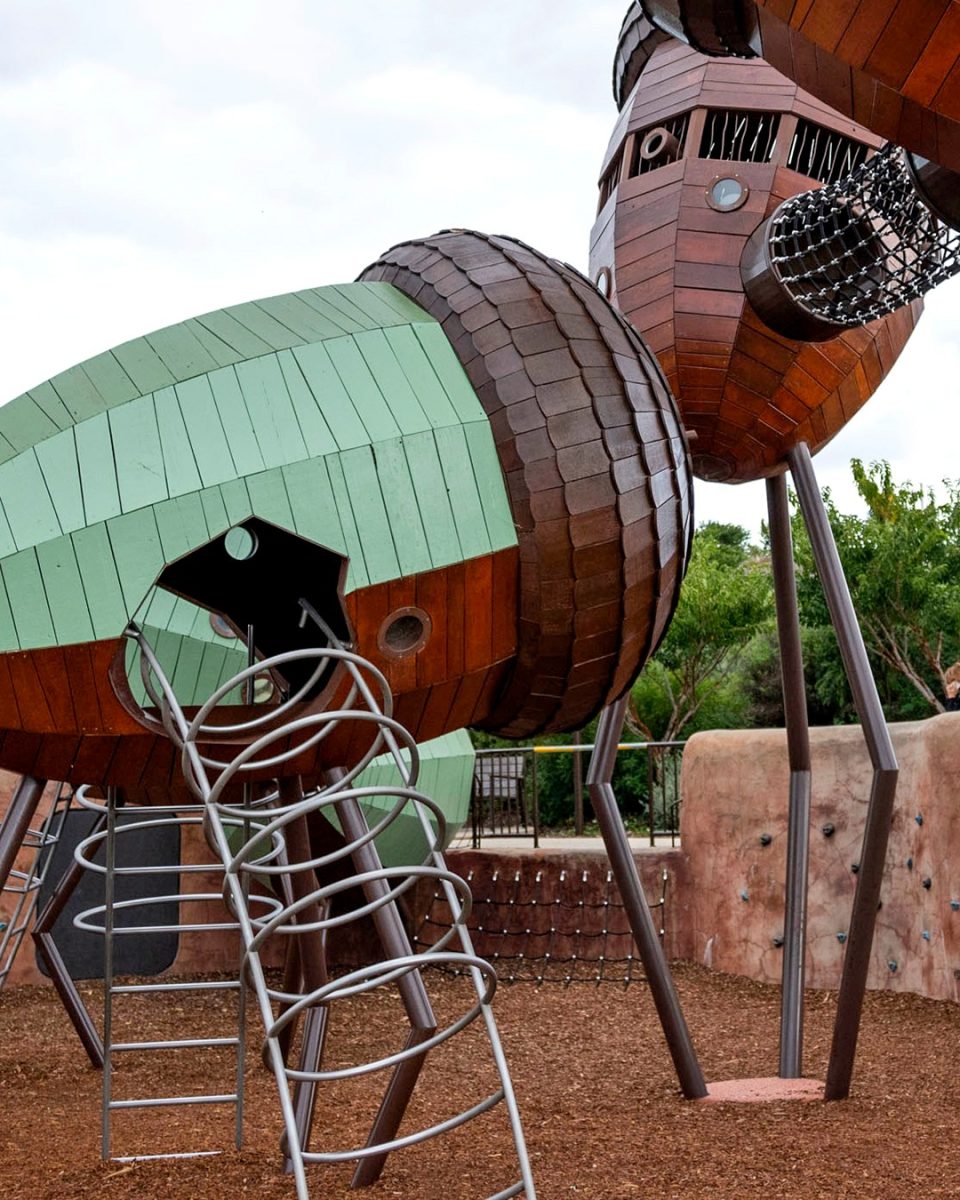 The acorn-shaped 'pod playground - featuring climbing frames and large cubbys.