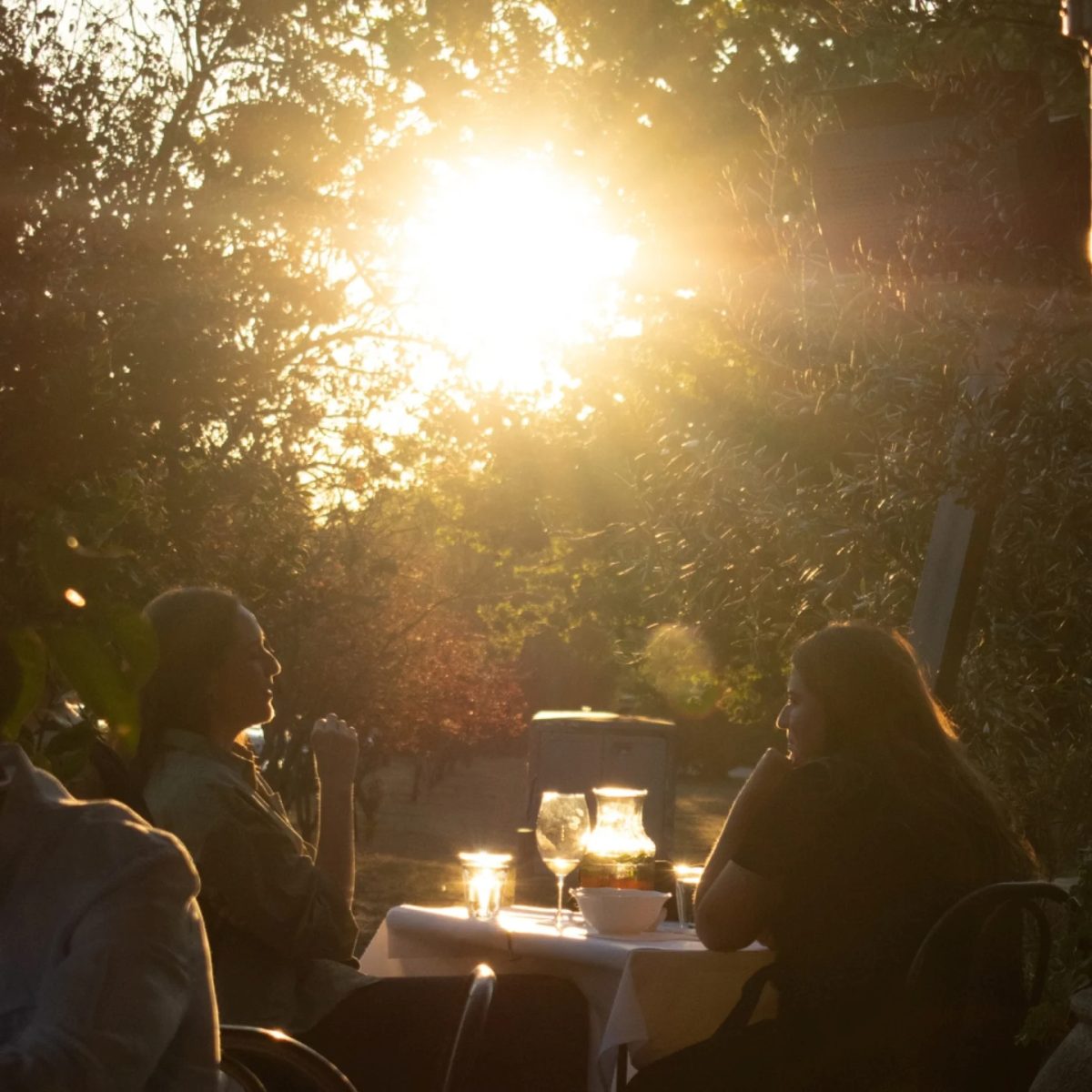 People enjoying drinks at sunset.
