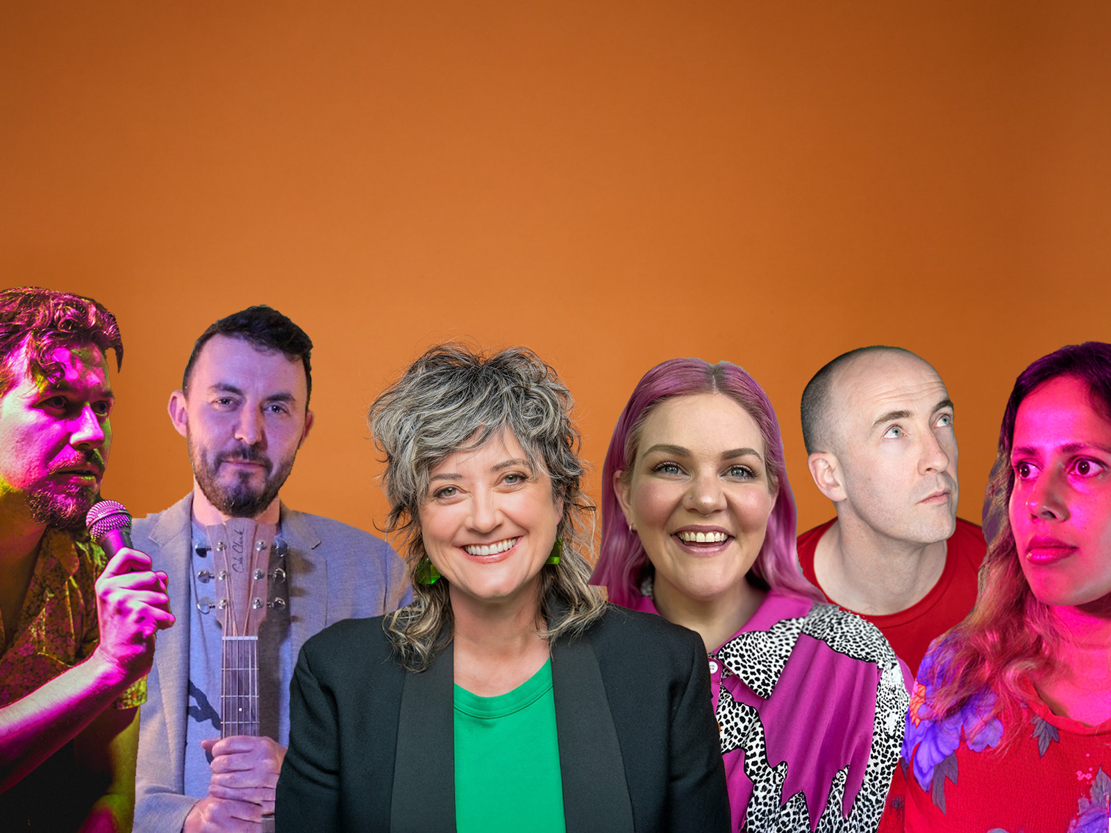 headshots of 6 people in a collage on an orange background