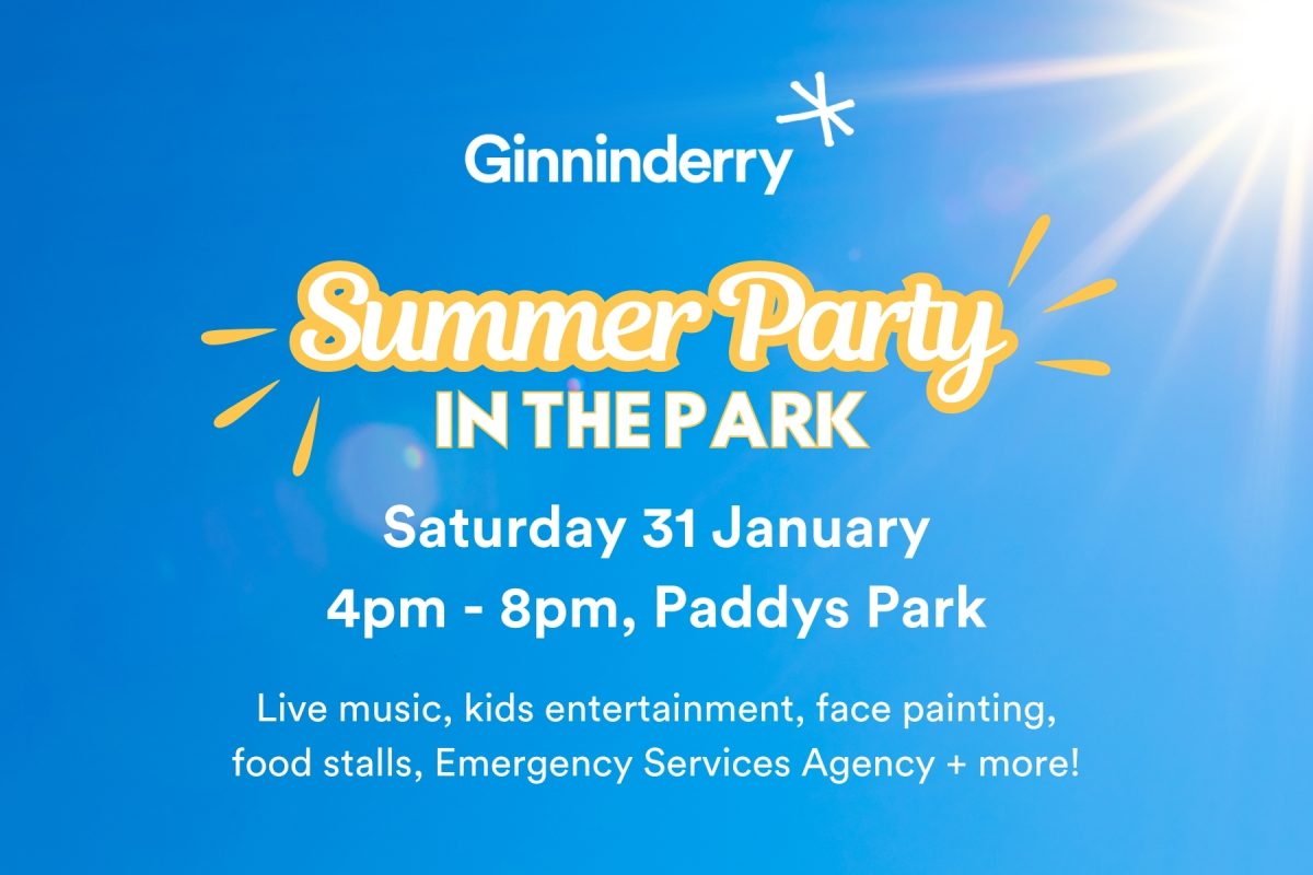 Graphic with white and yellow Summer Party in the Park logo