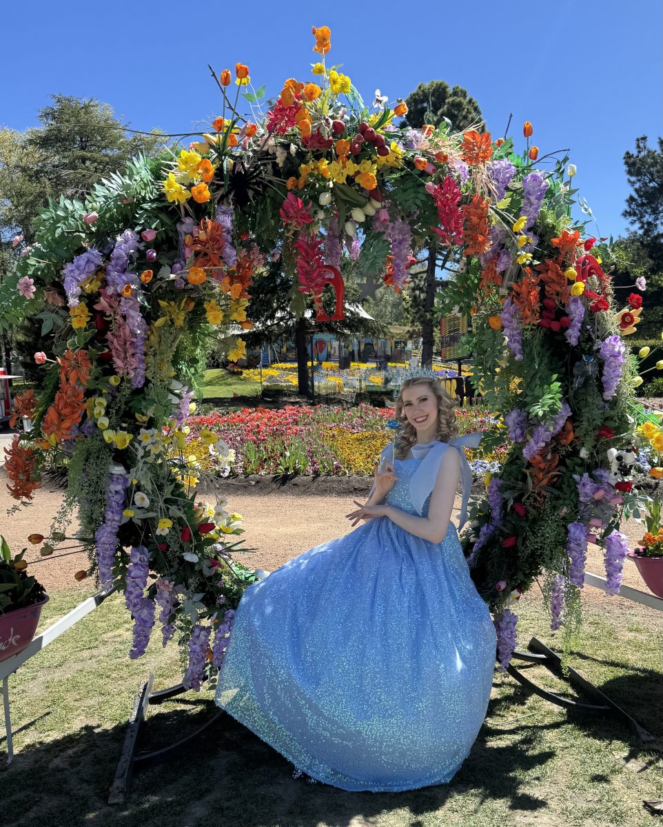 woman dressed as Cinderella surrounded by flowers