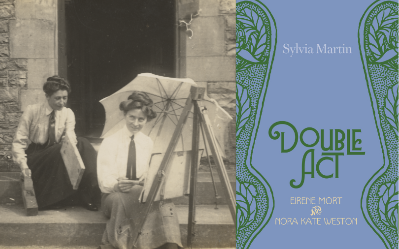 A sepia photograph of two women painting outside and the cover for the Double Act book