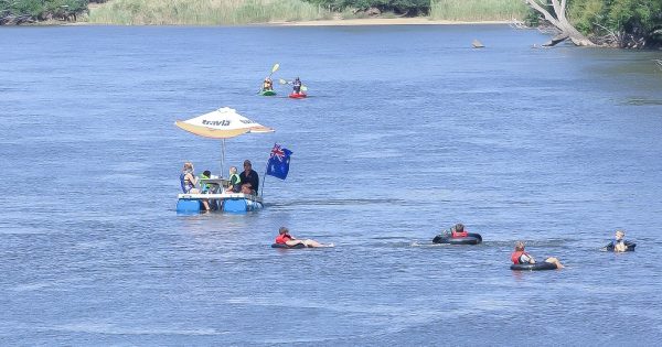 Picnic table watercraft builder floats regatta at Jugiong for Australia Day