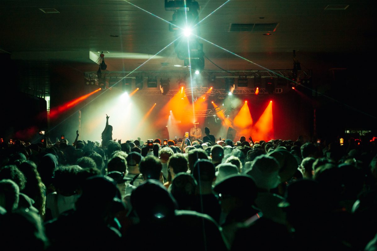 a crowd looking at a DJ playing on stage
