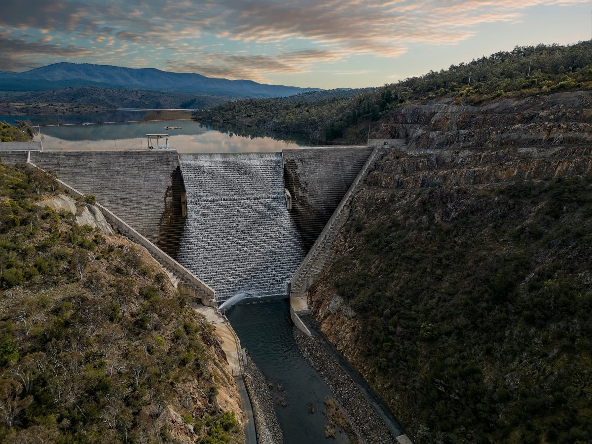 Cotter Dam from above at sunset.