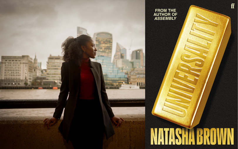 A woman wearing a black blazer, staring into the distance with her book cover for Universality.