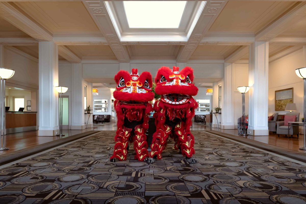 Lion dancers in the Hyatt Hotel foyer