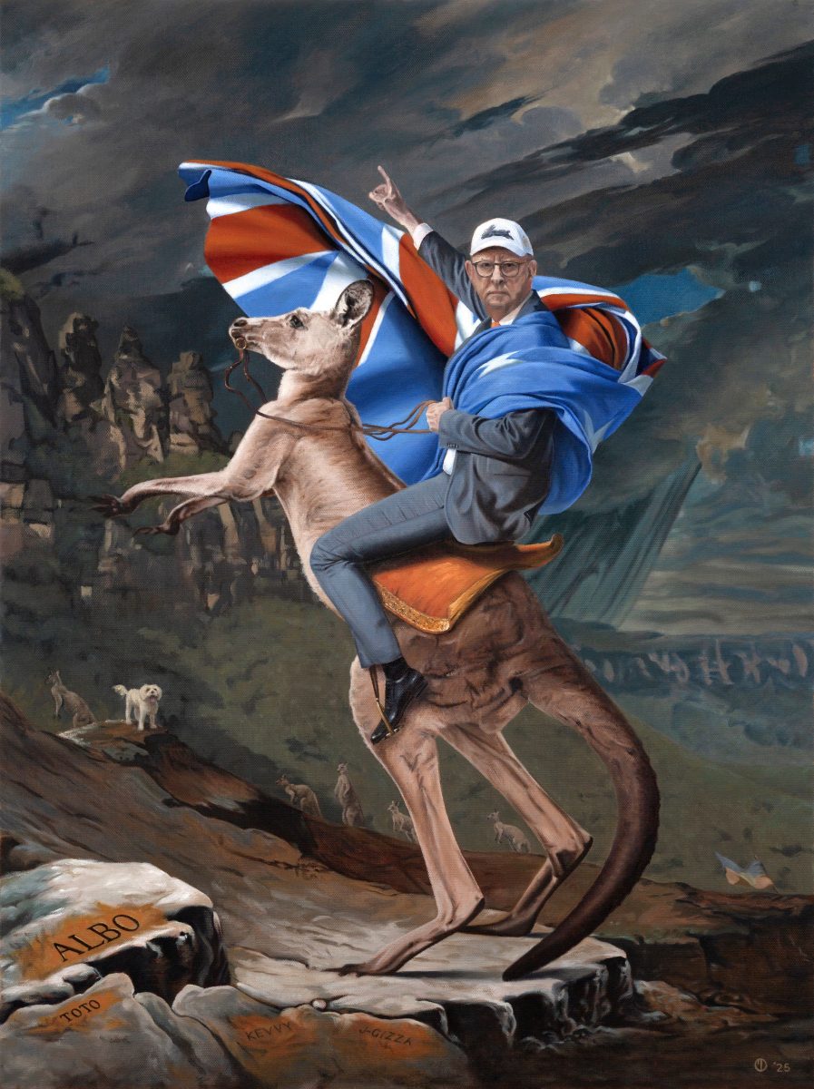 A painting of Anthony Albanese riding a kangaroo