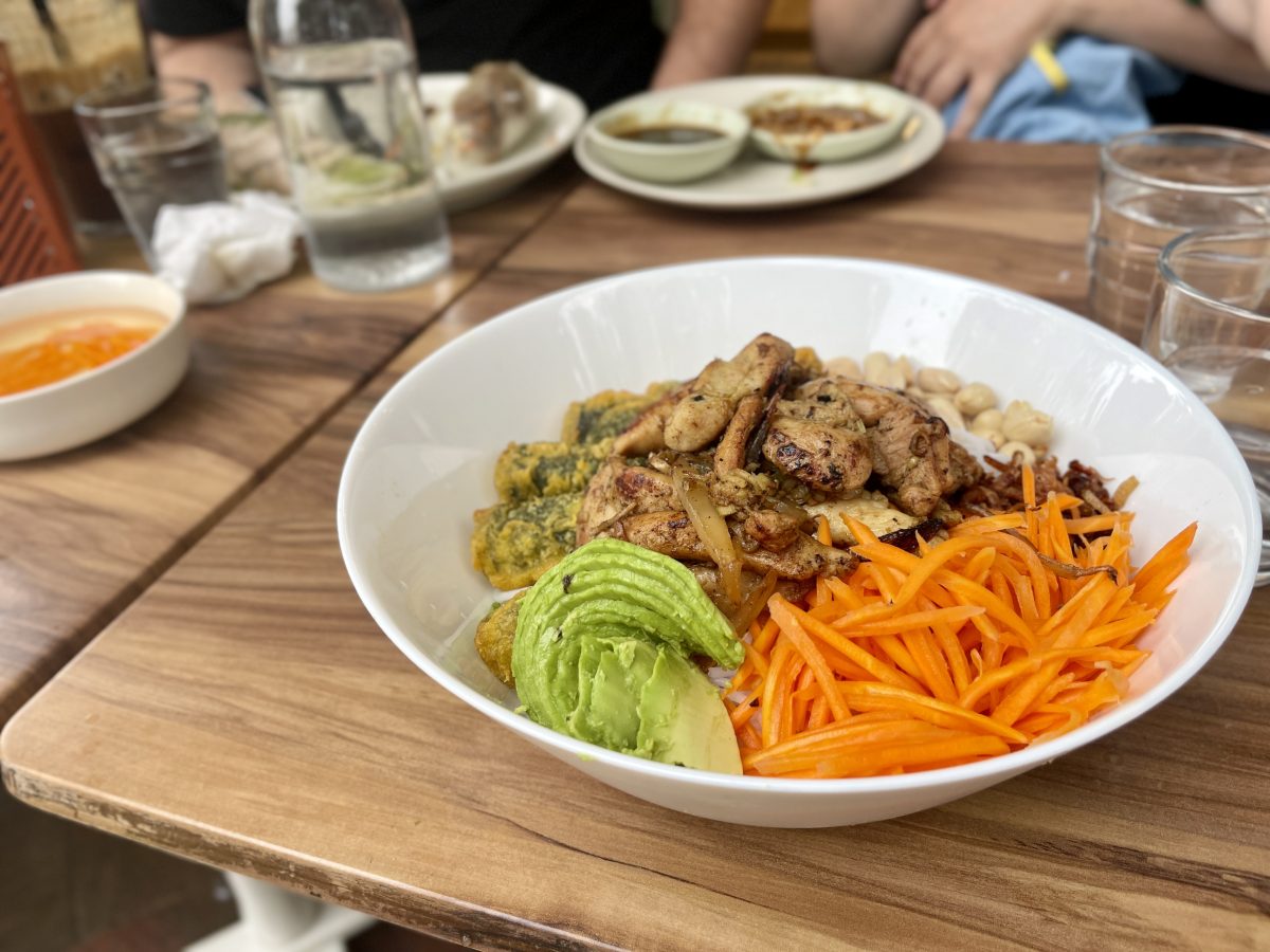 A large bowl filled with noodles topped with avocado, grilled chicken, carrot and spring rolls.
