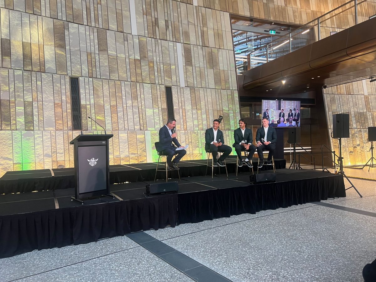 Raiders 2026 season launch MC Matt Russell with new recruits Sione Finau, Dane Laurie and Jayden Brailey. Photo: Tim Gavel.