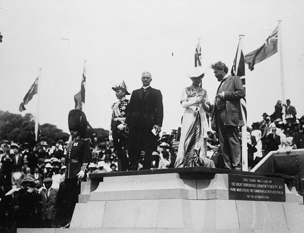 black and white photo of naming of canberra