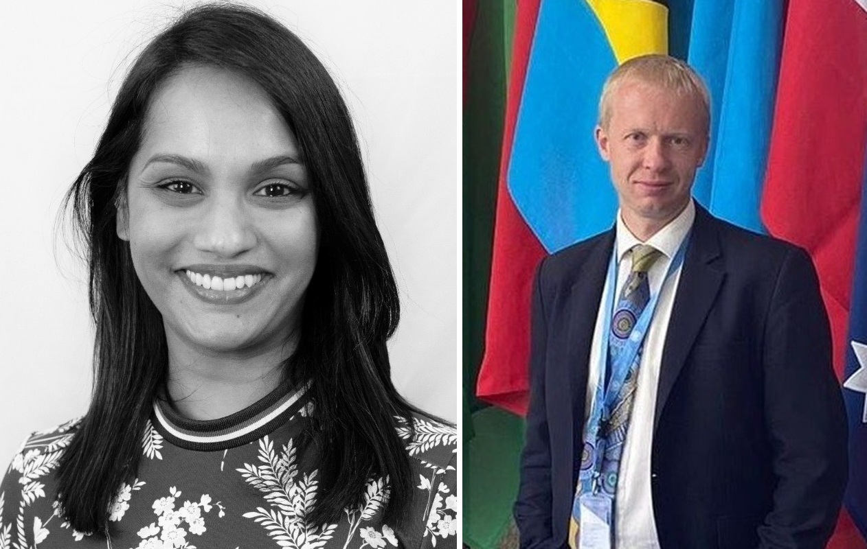 Combined images of a smiling woman and a man in a suit in front of flags