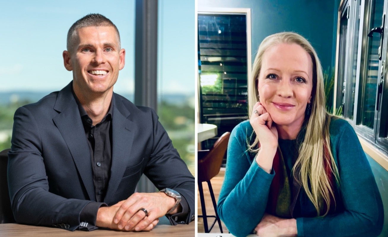 combined image of a smiling man and a smiling woman in their respective offices