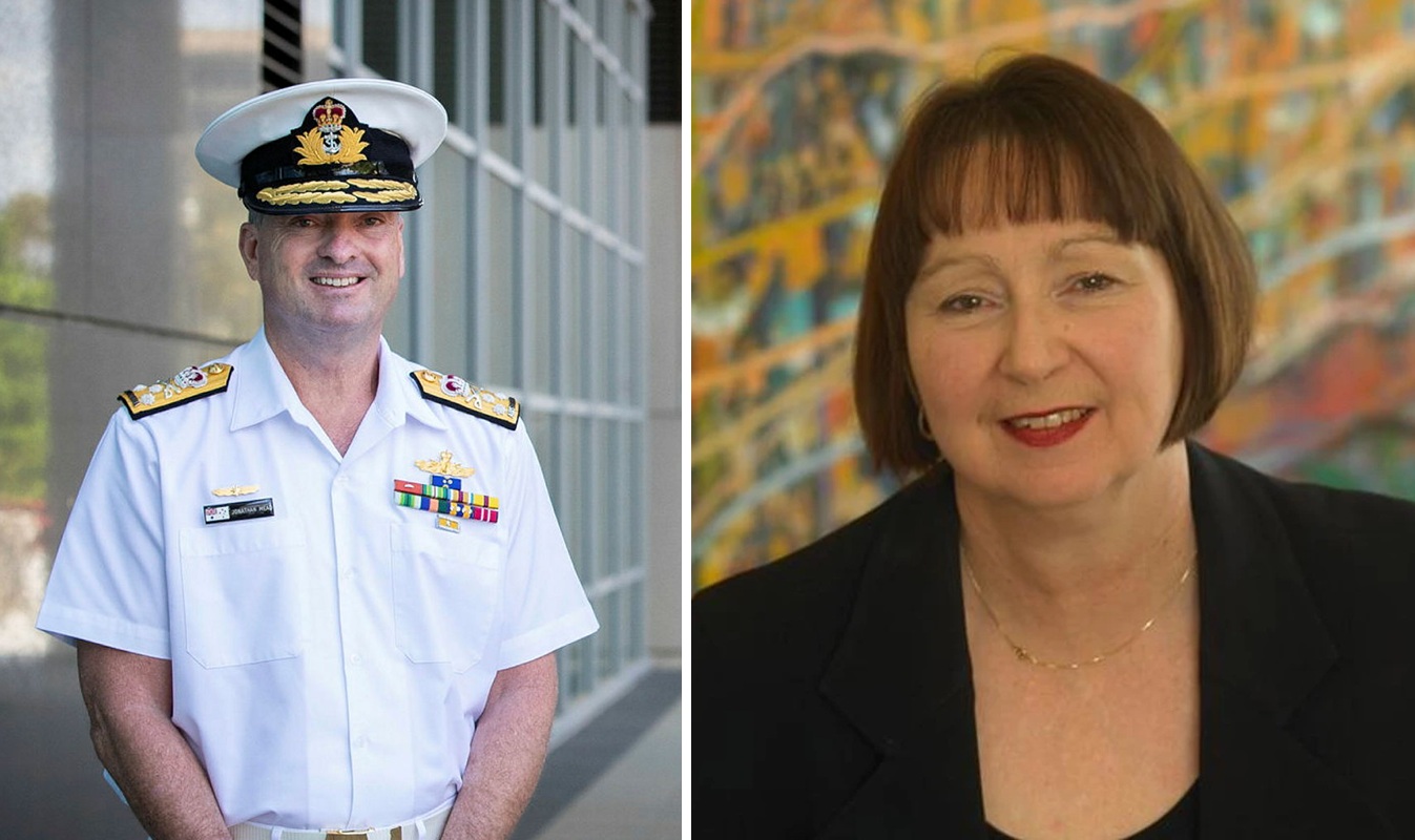 combined images of a smiling male military officer and a smiling woman