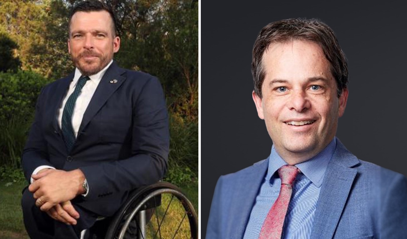 Combined portraits of a man in a wheelchair and a smiling man in a suit