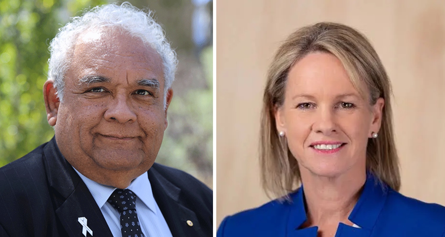 combined portraits of a man in a suit and a smiling woman