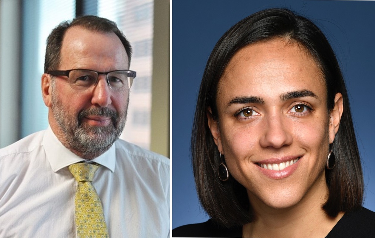 Combined image of portraits of a bearded man and a smiling woman