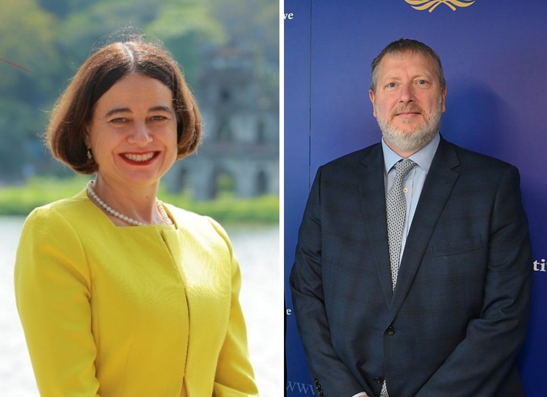 Combined image of portraits of a smiling woman and a man