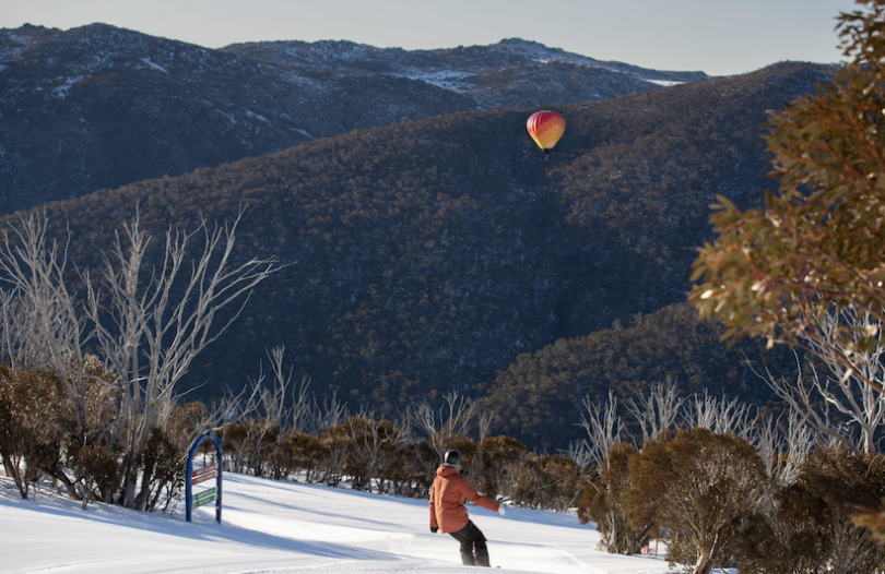 Hot air balloon soaring above Thredbo resort.