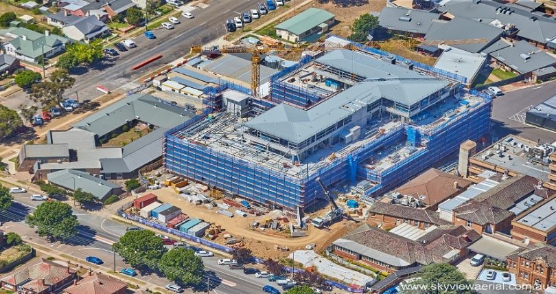 Aerial view of Clinical Services Building under construction at Goulburn Base Hospital.