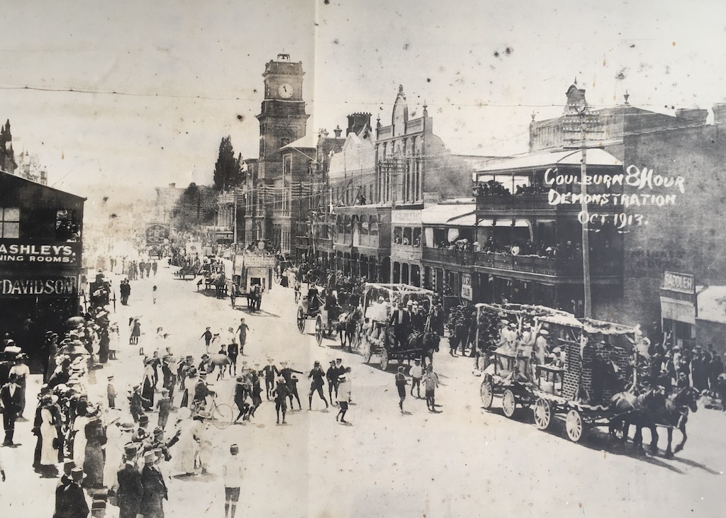 The Hibernian Hotel Goulburn can be seen on the right with its two tiers of verandahs along with many other Victorian verandahs in the street, photographed in 1913. The photograph is on display at the Paragon Cafe, Goulburn.