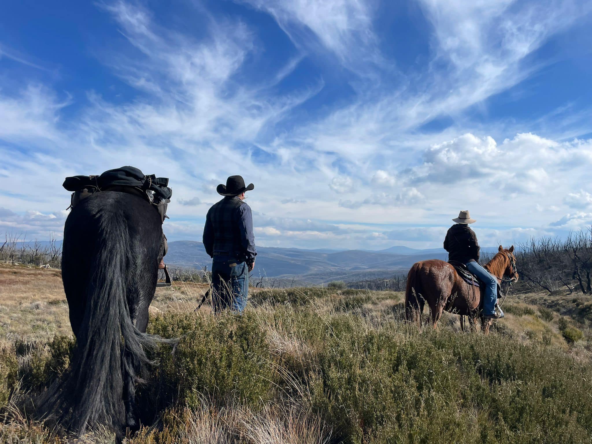 Two men on horseback in the mountains.