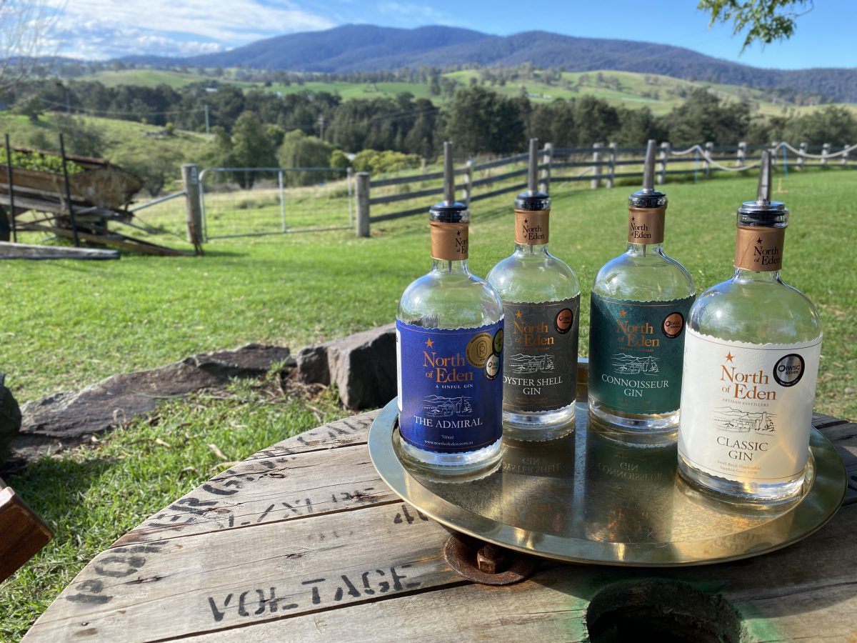 North of Eden bottles of gin against a view of rolling hills.