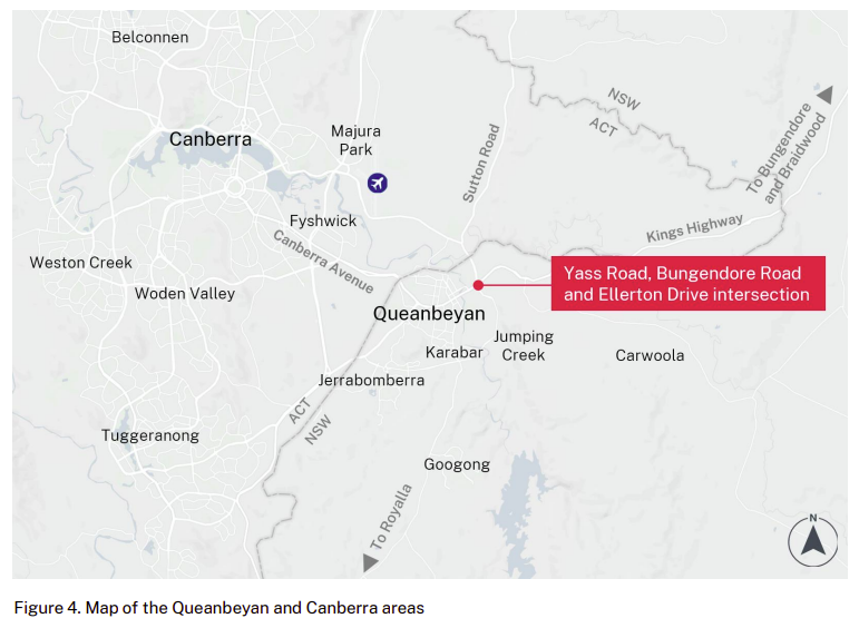 A map showing Canberra and Queanbeyan areas and highlighting an intersection