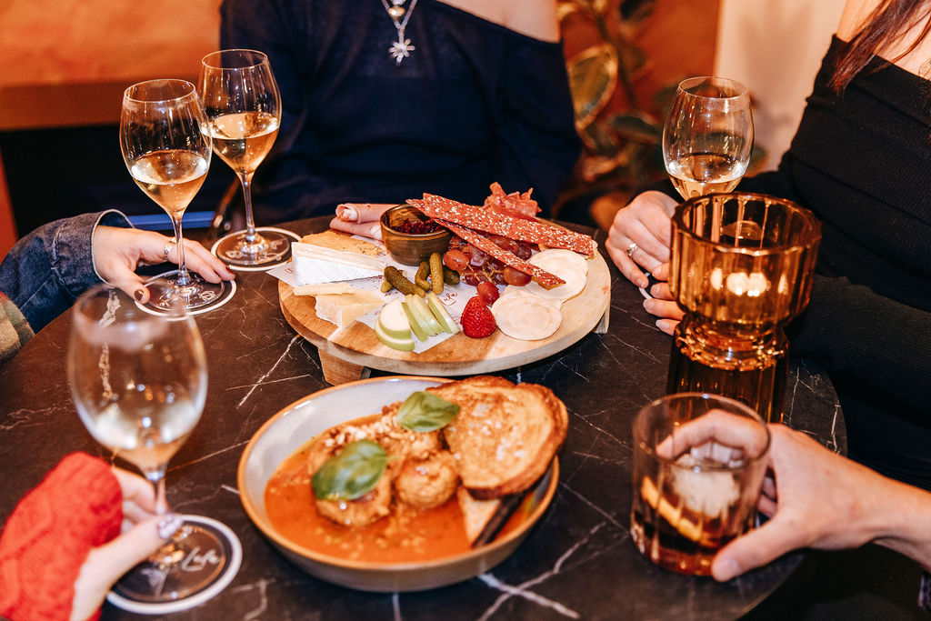 A spread of food and wine.