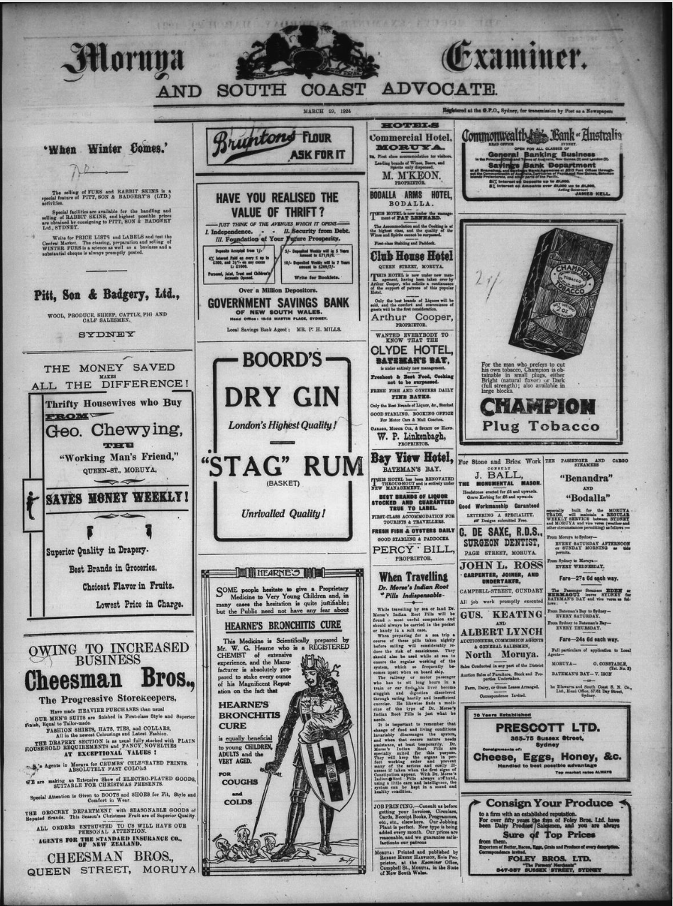 The front page of the <em>Moruya Examiner</em> from 29 March 1924. 
