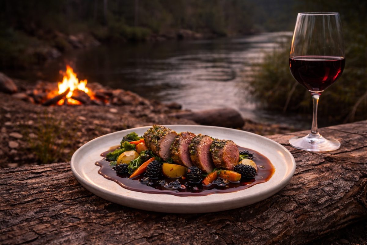 A tempting plate of venison backstrap with blackberry red wine jus is an example of the available food, often wasted in the fields around Marulan and Goulburn.