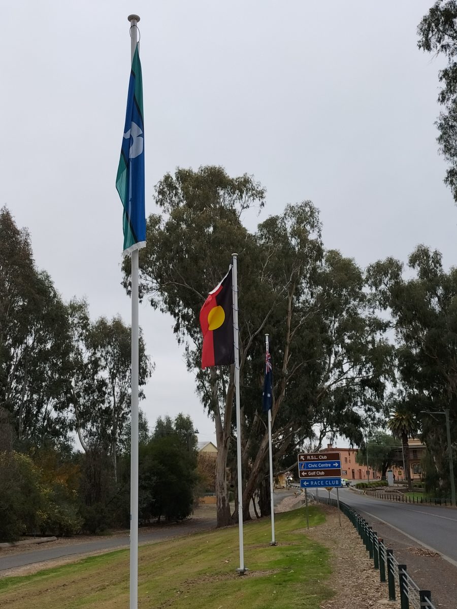 The Aboriginal and Torres Strait Islander flags remaining flying outside the Federation Council chambers.